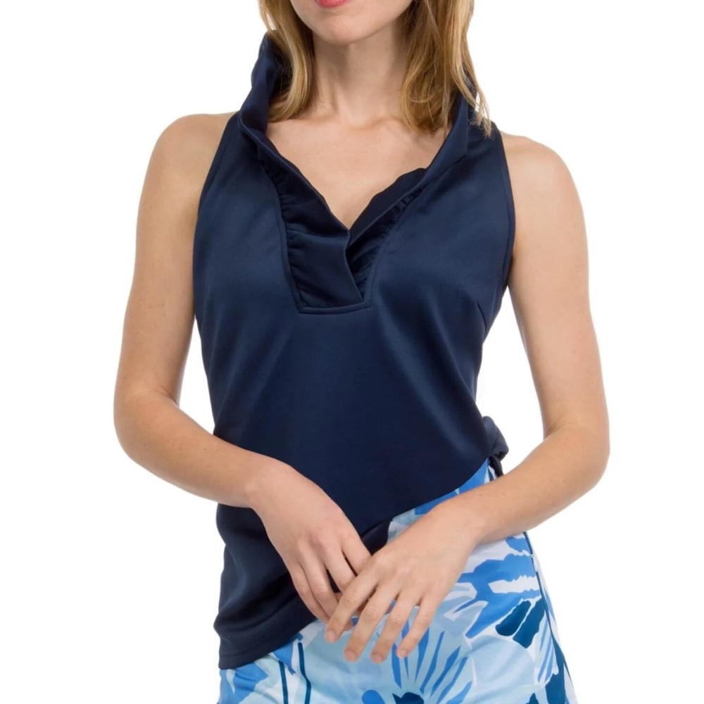 Gretchen Scott NWOT Navy Sleeveless Ruffle Top - Size L